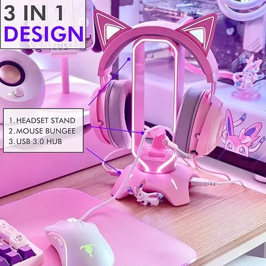 Tilted Nation Gaming Headphone Stand | Pink Headset Stand | RGB Headset Holder for Desk with Mouse Bungee and USB Hub | Cute Headphone Stand for Gamer Girl Accessories