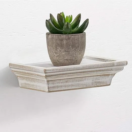 American Art Decor Whitewashed Wood Floating Wall Shelves with Crown Molding - White - Set of 4