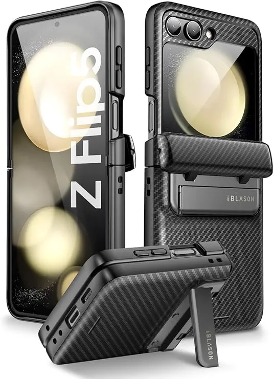 i-Blason Journey for Samsung Galaxy Z Flip 5 Case (2023) with Built-in Screen Protector & Kickstand, Full-Body Rugged Protective Phone Case for Z Flip 5 with Auto-Rotate Hinge Protection (Black)