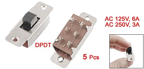 Uxcell On/Off/On 3 Position DPDT 2P2T PCB Panel Slide Switch, 6 Amp/125V, 3 Amp/250 VAC, Silver
