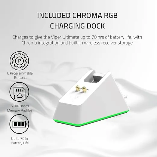 Razer Viper Ultimate Lightweight Wireless Gaming Mouse & RGB Charging Dock: Hyperspeed Wireless Technology - 20K DPI Optical Sensor - 74g Lightweight - 70 Hr Battery - Mercury White