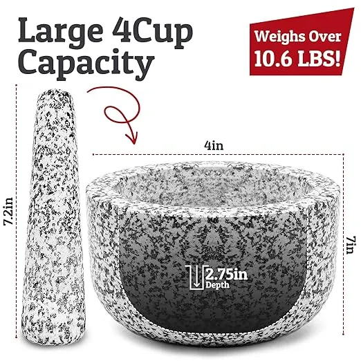 Heavy Duty Natural Granite Mortar and Pestle Set, Hand Carved, Make Fresh Guacamole, Salsa, Pesto, Stone Grinder Bowl, Herb Crusher, Spice Grinder, 4 Cup, White