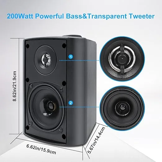 Herdio 4 Inches Passive Outdoor Speakers with 200Watt Powerful Bass Expansive Stereo Sound Coverage All-Weather Durability (Pair, Black)