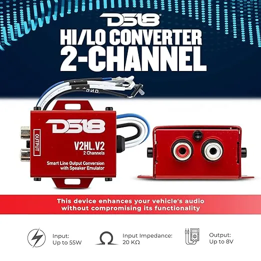 DS18 V2HL.V2 Hi/Lo Converter 2-Channel with Speaker Emulator - High-Level Speaker Signal to Low-Level - Smart line Output 2CH High-Level Input and 2CH RCA Output