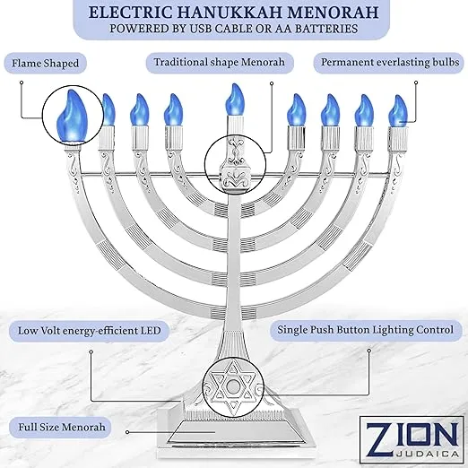 Zion Judaica 12" Chanukah Menorah with Flame Shaped LED Bulbs Electric Menorah USB Powered or Batteries Electronic Minorah - 4' Cable Included Hanukkah Battery Menorahs Silver