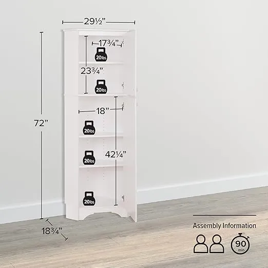 Prepac Elite 29.25" Corner Cabinet with Two Doors, Tall White Storage Cabinet, Corner Cabinet with Doors, Corner Bathroom Cabinet 18.75" D x 29.25" W x 72" H