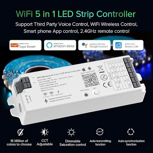 BTF-LIGHTING 5in1 WB5 2.4GHz Tuya WiFi PWM LED Controller Compatible with Alexa Google Home Smart Life Tuya Smart APP Control for Dimming CCT RGB RGBW RGBCCT LED Strip Work with WR01RF WR02RF etc