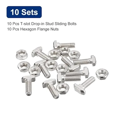uxcell M8x25mm T Slot Drop-in Bolt and M8 Hexagon Flange Nut Set, 10 Sets Hammer Head T-Bolt T Shape Stud Sliding Screw for 40 Series Aluminum Profile