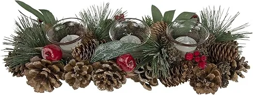 Northlight Glitter Pinecones and Red Berries Tealight Christmas Candle Holder, 15.25"