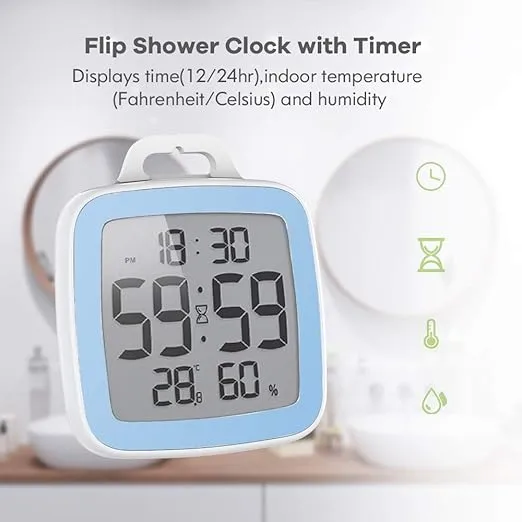 BALDR Digital Bathroom Clock with Timer - Waterproof Shower Clock with Time and Temperature - Waterproof Shower Timer for Kids and Adults - Bathroom Timer, Digital Shower Clocks for Bathroom (Blue)