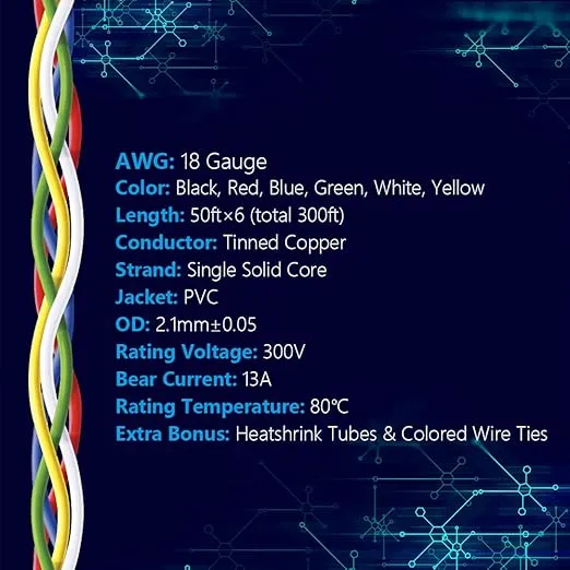 Fermerry 18 AWG Solid Core Wire Spool 50ft Each 6 Colors Flexible 18 Gauge Hook up Wire Kit Electrical Tinned Copper Wire PVC