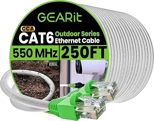 GearIT RJ45 Cat-6 Ethernet Patch Cable, 10Gpbs Transfer Speed, Gold-Plated Connectors, Copper Clad, Outdoor, UV Resistant, Direct Burial, Waterproof, Durable, 250 Foot (76.2 Meters), White