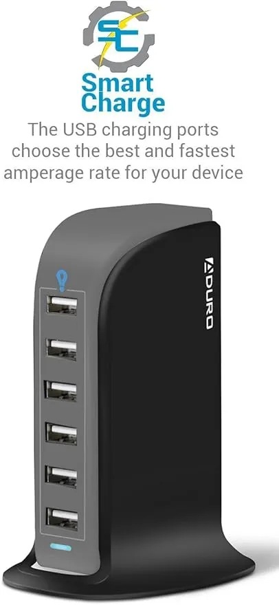 Aduro 40W 6-Port USB Desktop Charging Station Hub Wall Charger for iPhone iPad Tablets Smartphones with Smart Flow (Black/Grey)