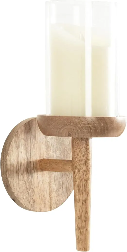 Kate and Laurel Shae Transitional Wooden Wall Sconce, 5 x 5 x 13, Natural Wood, Rustic Candle Holder with Removable Glass Cylinder for Flameless Pillar Candles