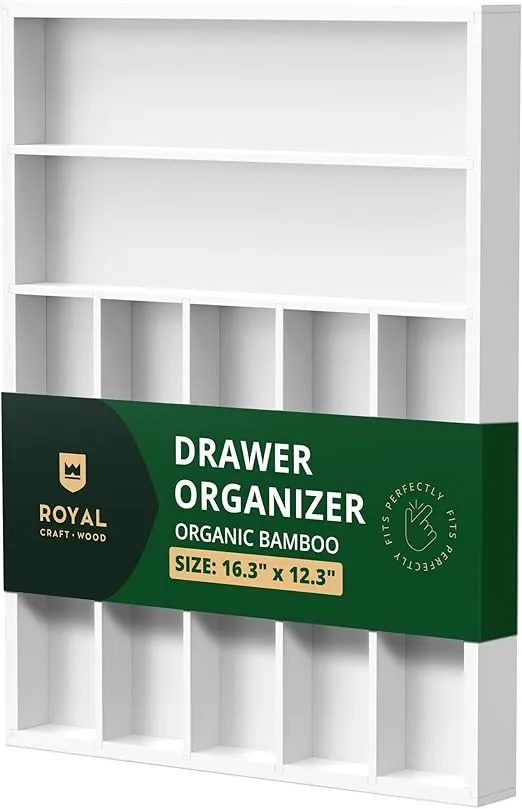 ROYAL CRAFT WOOD Luxury Bamboo Kitchen Drawer Organizer - Silverware Organizer - Utensil Holder and Cutlery Tray with Grooved Drawer Dividers for Flatware and Kitchen Utensils (7 Slot, White)
