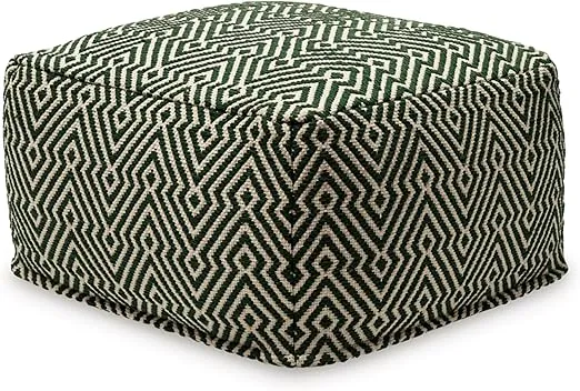 Signature Design by Ashley Abacy Casual Square Handwoven Pouf with Geometric Pattern, Green & Beige