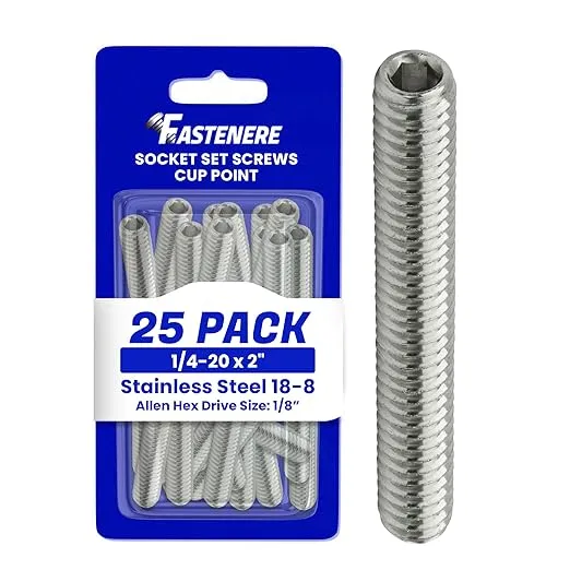 1/4-20 x 2" Socket Set Screws, Full Thread, Allen Socket Drive, Stainless Steel 18-8, Bright Finish, Cup Point, Quantity 25 Pieces by Fastenere