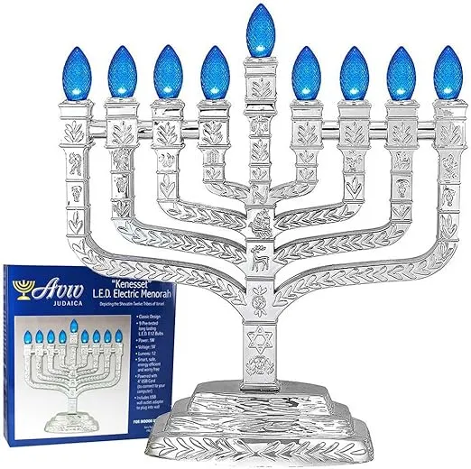 LED Knesset Chanukiah Metallic Silver Electric Chanukah Menorah Designed with The 12 Tribes of Israel Shevatim - Corded USB Menorah Includes Wall Adaptor Electronic Hanukkah Minorah