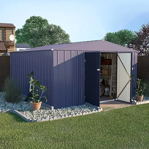 8x12 FT Metal Outdoor Storage Shed, Garden Tool Shed Kit with Doors & Lock, Waterproof Patio Utility Tool Shed for Backyard and Garden, Gray