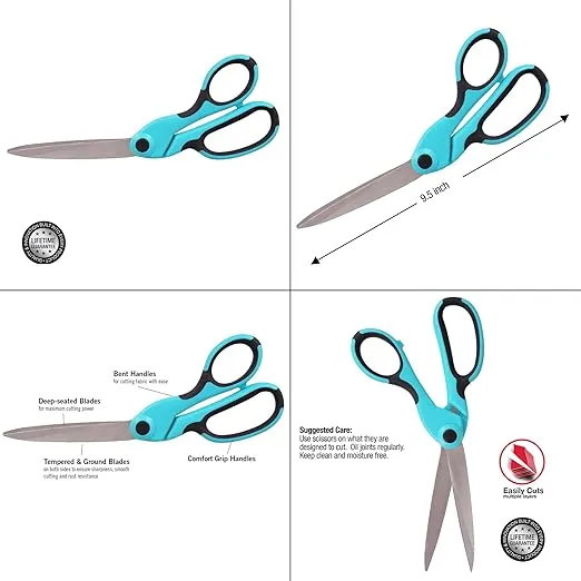 SINGER 00562 9-1/2-Inch ProSeries, Heavy Duty Bent Sewing Scissors, Teal - For Cutting Fabric, Denim, Paper & More (Three-Pack)