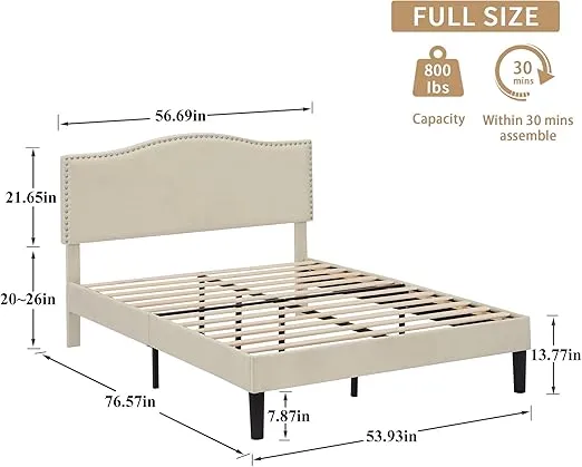 VECELO Full Bed Frame Platform Bed Frame with Upholstered Headboard, Strong Frame and Heavy-Duty Slats Support, Non-Slip and Noise-Free, Easy Assembly,Beige