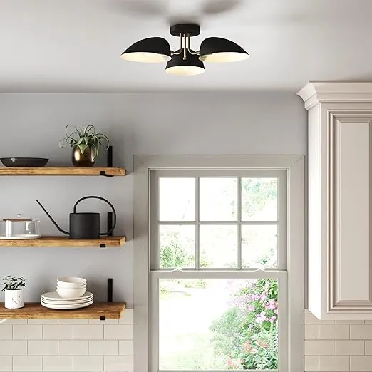 Nathan James Argo Semi Mount Flush Ceiling Light, 3-Lights Modern Retro Lighting with Black Rounded Shades for Hallway, Dining Room and Bedroom, Brass Gold/Black