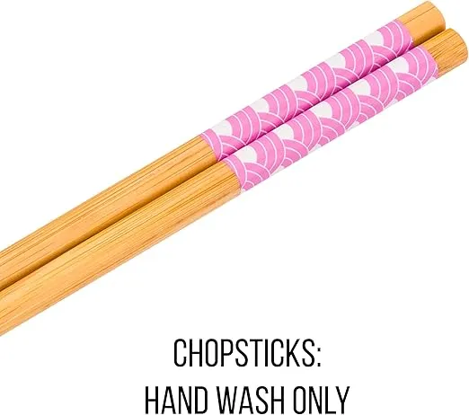 Silver Buffalo Sanrio Hello Kitty Pink and Gold Japanese Pattern with Flowers Ceramic Ramen Noodle Rice Bowl with Chopsticks, Microwave Safe, 30 Ounces