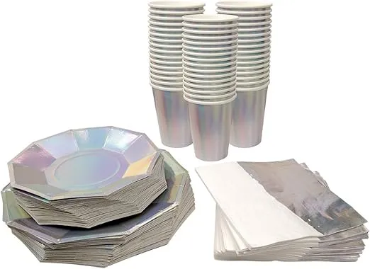 Andaz Press Iridescent Party Plates, Cups and Lunch Napkins Set, 50 Piece Person Set, Bulk Tableware Set, Iridescent Party Decorations Theme Supplies, Holographic Silver Decorations Tableware Kit