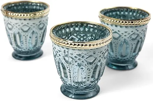 Koyal Wholesale Shabby Chic Vintage Glass Votive Candle Holders Beaded Rim Set of 6, Antique Bulk Tealight Holders, Tablescapes, Wedding, Home Decor, Restaurant (Frosted Blue with Gold Rim)