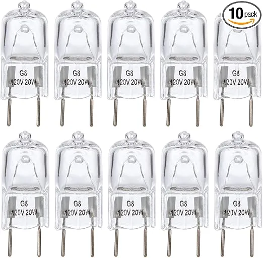 Simba Lighting Halogen Light Bulb G8 T4 20W JCD Bi-Pin (10 Pack) Shorter 1-3/8" (1.38") Length for Under Cabinet Puck Lights, Kitchen Hood, Landscape Lights, Desk Lamps 120V Dimmable, 2700K Warm White