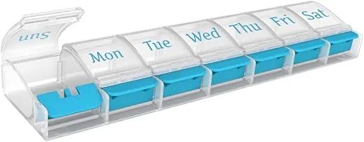 EZY DOSE Weekly (7-Day) AM/PM Pill Organizer, Vitamin Case, and Medicine Box, X-Large Compartments, Arthritis Friendly, Clear/Blue, BPA Free