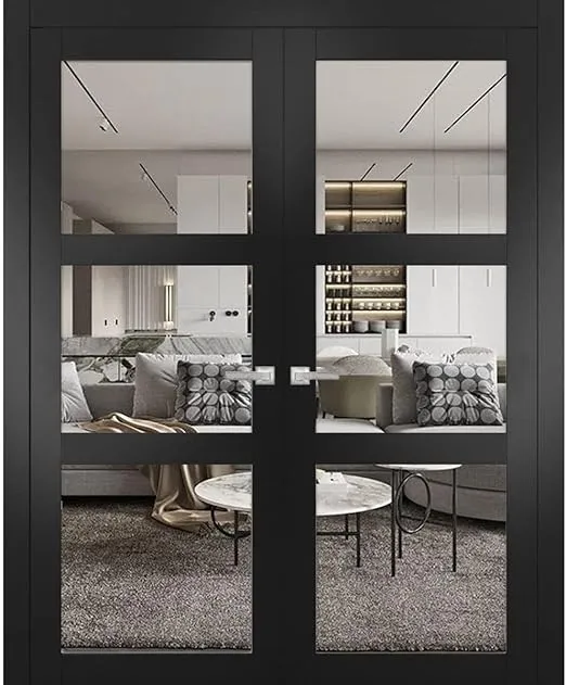 SARTODOORS Interior Solid French Double Doors | Lucia 2555 Matte Black with Clear Glass | Wood Interior Solid Panel Frame Trims | Closet Bedroom Sturdy Doors -56" x 80" (2 * 28x80)-Clear Glass