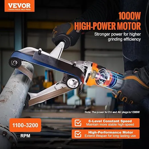 VEVOR Pipe Tube Polisher Sander, 1000W Pipe Belt Sander with 6 Variable Speeds 1100-3200rpm, Professional Belt Sander Grinding Machine with 50PCS Sanding Belts for Burnishing Finishing Rust Removal