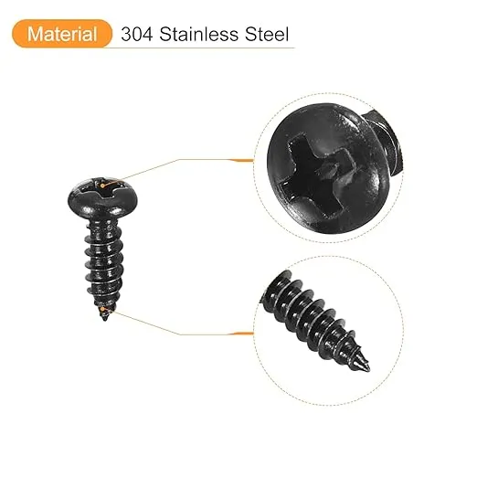 uxcell 3mm x 10mm Phillips Pan Head Self-Tapping Screw, 100pcs - 304 Stainless Steel Round Head Wood Screw Full Thread (Black)