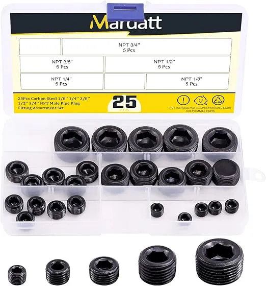 25Pcs NPT Plug Set Pipe Plug Assortment Kit 1/8" 1/4" 3/8" 1/2" 3/4" Carbon Steel Male Thread Internal Allen Head Pipe Plug Set
