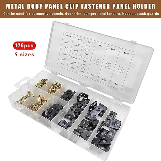 170 PCS Car U-Clip and Screw Assortment Kit, Auto U Nut and Screw Clip, 9 Sizes Metal Body Panel Clip Fasteners Replacement Parts for Dash Door Panel Interior, Car Accessories