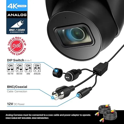 Amcrest Analog 4K Outdoor Security Camera, Turret 8MP @15fps CCTV-Coax-BNC Camera, 98ft Night Vision, 125° Angle, Built-in Mic, Black (AMC4KDM28-B-V3), (Not an IP Camera) DVR Required, Not Included