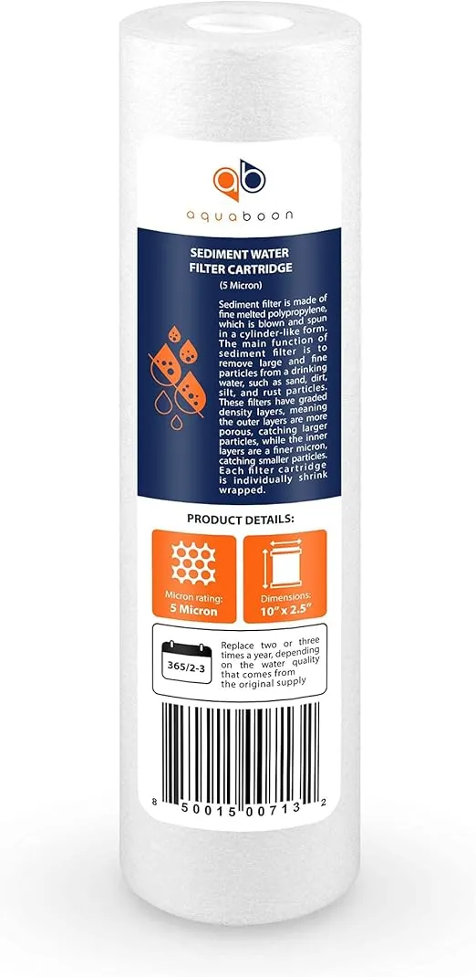 Aquaboon 5 Micron 10 x 2.5 Sediment Filter Replacement - Whole House Filter Cartridge Compatible with Water Filters - P5, AP110, WHKF-GD05, 6 Pack