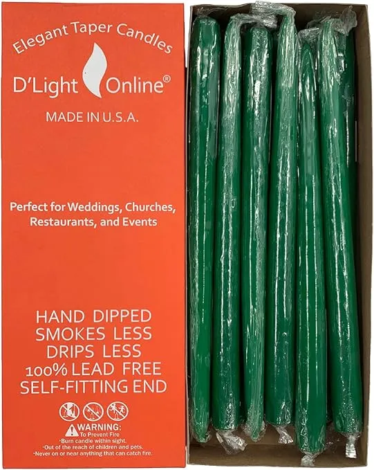 D'light Online Elegant 10" Unscented Holiday Green Taper Candles Premium Quality Candles Hand-Dipped, Dripless Tapered Candles and Smokeless - Set of 12 Individually Wrapped (10 Inch, Holiday Green)