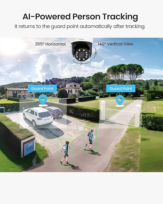 ZOSI C298 SE 6MP Dual-Lens(4MP+2MP) Wired WiFi PT Security Camera Outdoor, 360 View Pan/Tilt Plug-in Camera, Human/Vehicle Detect, Color Night Vision, Spotlight Siren, Two-Way Talk, SD/Cloud Storage