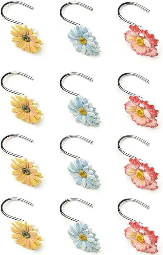 The Lakeside Collection Farm Fresh Flowers Bathroom Shower Curtain Hooks - Set of 12, White