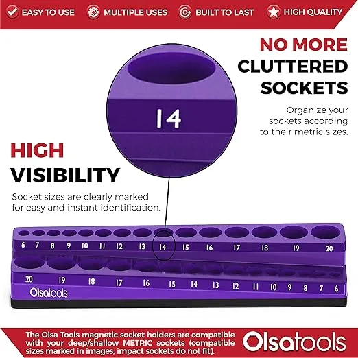 Olsa Tools Magnetic Socket Holder | 3/8-inch Drive | Metric | Purple | Holds 30 Sockets | Professional Quality Tools Organizer