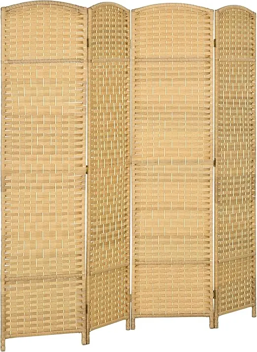 HOMCOM 4 Panel Room Divider, 6' Tall Folding Privacy Screen, Hand-Woven Freestanding Wood Partition for Home Office, Bedroom, Nature Wood