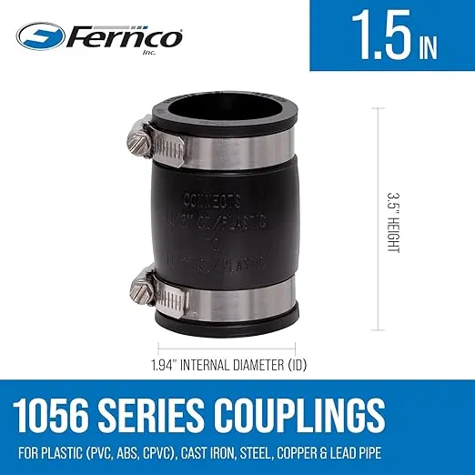 Fernco 1056-150 Flexible Pipe Coupling 1-1/2” CI/Plastic/Steel to 1-1/2” CI/Plastic/Steel