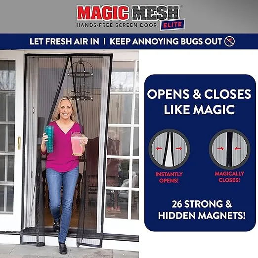Magic Mesh Elite- More Durable Magnetic Screen Door, Reinforced Seam, Strong & Hidden Magnets- Keeps Bugs Out, Fits Single Doors up to 39"x83"