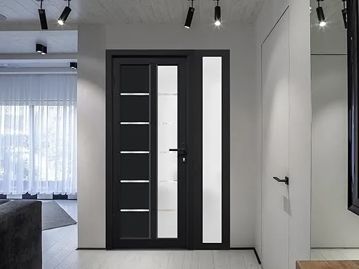 Front Exterior Prehung Fiberglass Door Frosted Glass/Manux 8088 Matte Black/Side Exterior Window/Office Commercial and Residential Doors Entrance Patio Garage-W36+14" x H80-Right-hand Inswing