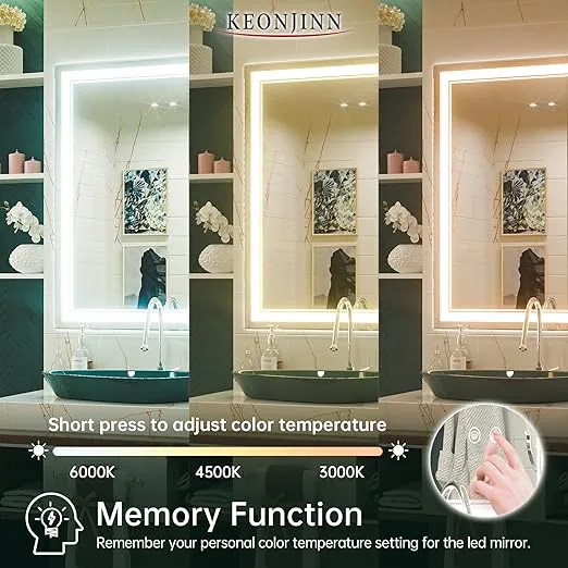Keonjinn 28 x 36 in LED Bathroom Mirror, Dimmable 3 Color Temperature, Frontlit LED Vanity Mirrors for Bathroom, UL-Listed LED Driver, Wall Mounted Anti-Fog Lighted Makeup Mirror(Horizontal/Vertical)