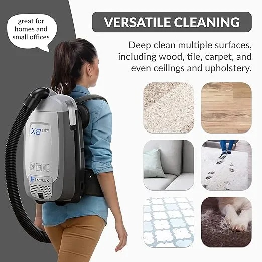 Prolux X8 Lite Backpack Canister Vacuum Cleaner, Adjustable Straps, Lightweight with HEPA Filter, Multi-Surface Cleaning Tools, Ideal for Residential Use