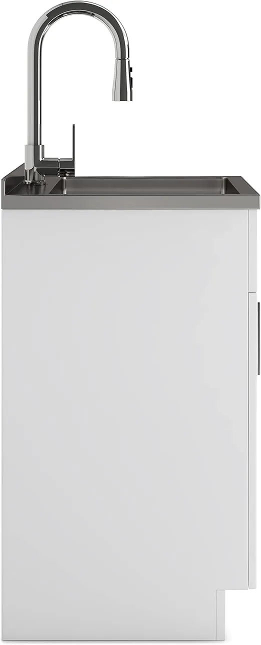 SIMPLIHOME Modern Wide Shaker Transitional 24 Inch Laundry Cabinet with Faucet and Stainless Steel Sink in White, For the Laundry Room and Utility Room