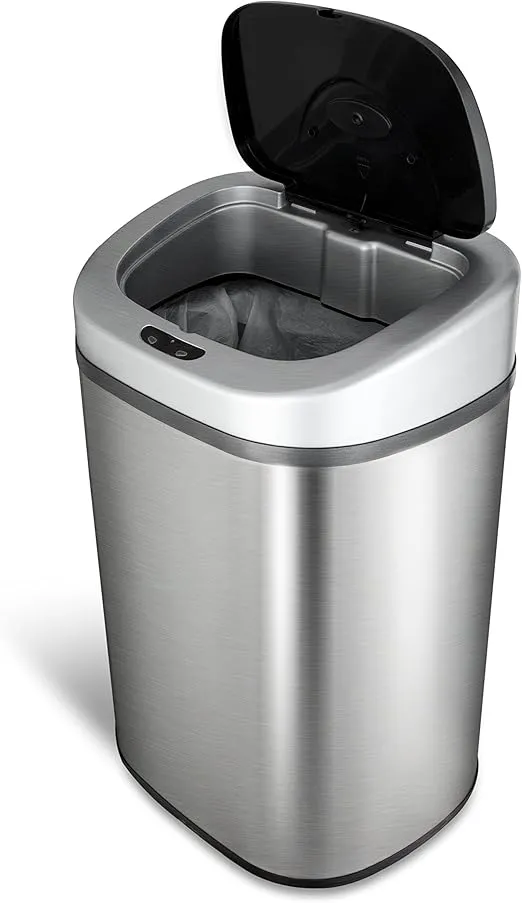 NINESTARS Automatic Touchless Infrared Motion Sensor Trash Can with Stainless Steel Base & Oval, Silver/Black Lid, 21 Gal